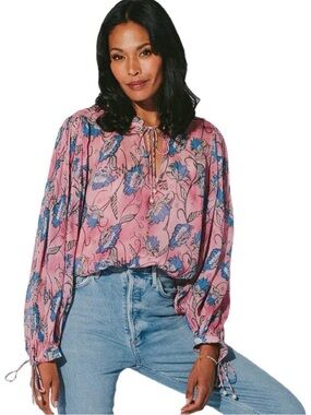 Cleobella Emily Peasant Boho Blouse in Lotus Print Women’s L Pink Floral Sheer